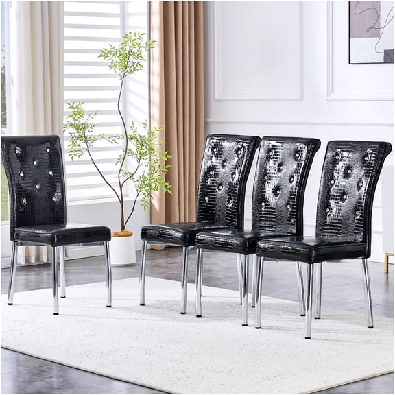 COSMOS 4-Pack Retro Alligator Pattern Dining Chairs with Crystal Buttons & Metal Legs, Black Faux Leather Upholstered Seating for Kitchen, Dining Room