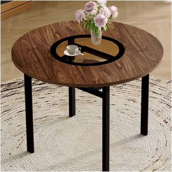 COSMOS 42" Round Dining Table for 4-6 People, Modern Brown Wood Grain with Tempered Glass Inlay and Metal Base, Minimalist Kitchen & Dining Room Table