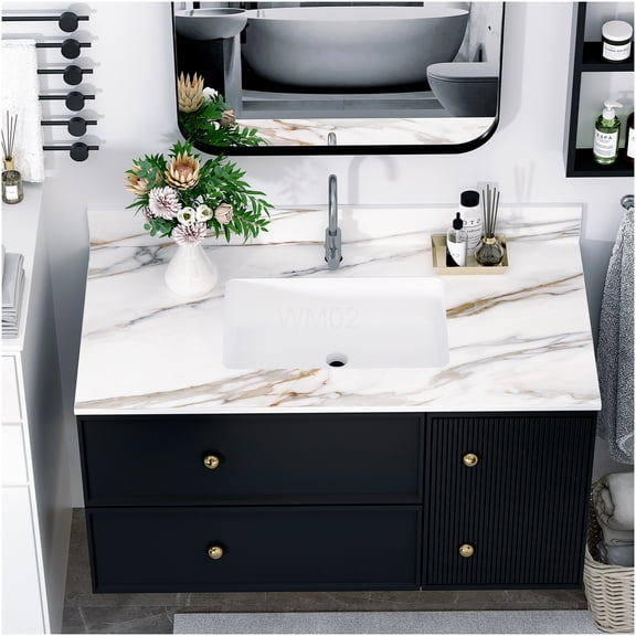 COSMOS 43 Inch Sintered Stone Vanity Top with Undermount Sink, White Marble Bathroom Countertop with Backsplash