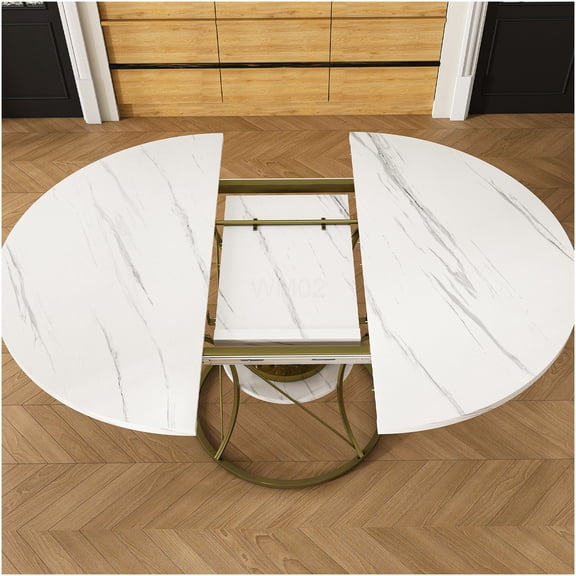 COSMOS 43" to 59" Round Extendable Dining Table with Storage Shelf, Walnut Marble Top & Gold Metal Base, Farmhouse Kitchen Table for 4-6 People