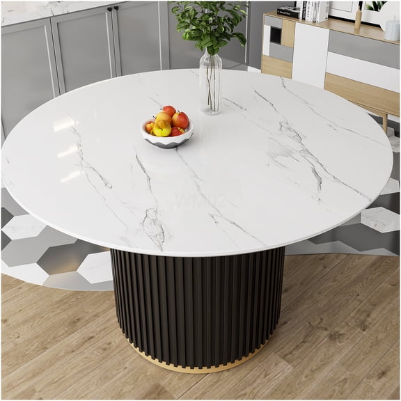 COSMOS 46" Round Dining Table with Faux Marble Top & Modern Metal Base, Seats 4-6, Black & Gold Decor