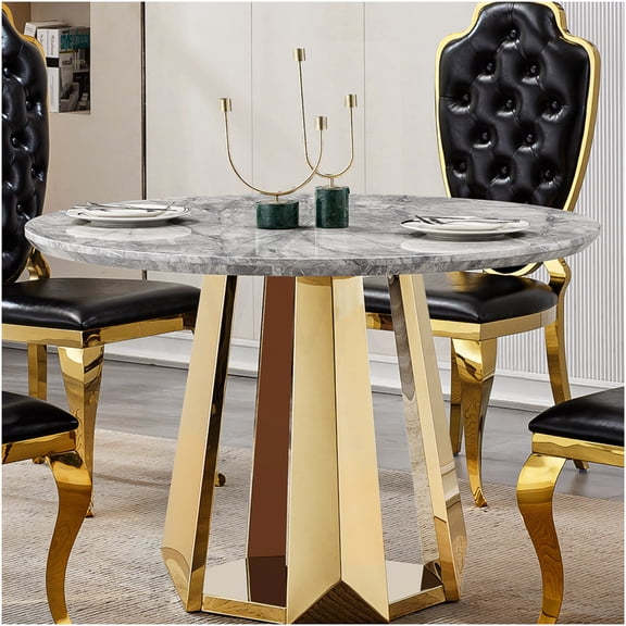 COSMOS 47 Inch Modern Round Dining Table with High Gloss Faux Marble Top and Gold Stainless Steel Base, Kitchen Table for Dining Room
