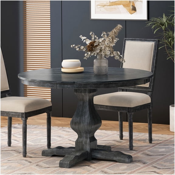 COSMOS 47 Inch Round Dining Table for 4, Rustic Farmhouse Kitchen Table with Pedestal Base, Solid Wood Top in Charcoal Grey