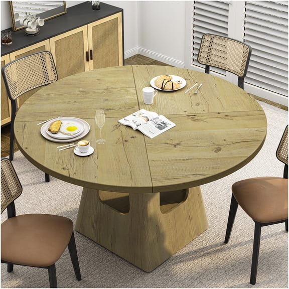 COSMOS 47" Round Farmhouse Dining Table with Storage Shelf, Natural Wood Finish, Seats 4-6, for Kitchen & Dining Room
