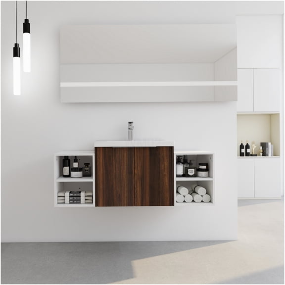 COSMOS 48 Inch California Walnut Bathroom Vanity with Resin Sink, Soft Close Doors, and Extra Storage Shelves, Modern KD Bath Cabinet