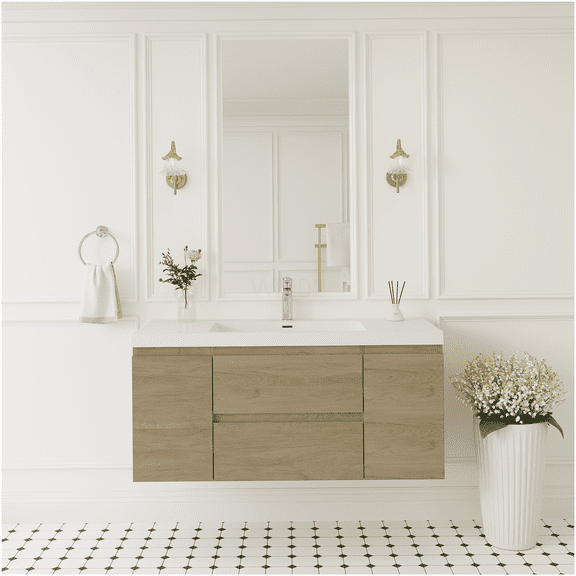 COSMOS 48 Inch Floating Vanity with Sink, Modern Wall Mounted Bathroom Cabinet with Soft Close Drawers, Solid Surface Countertop, Oak Finish