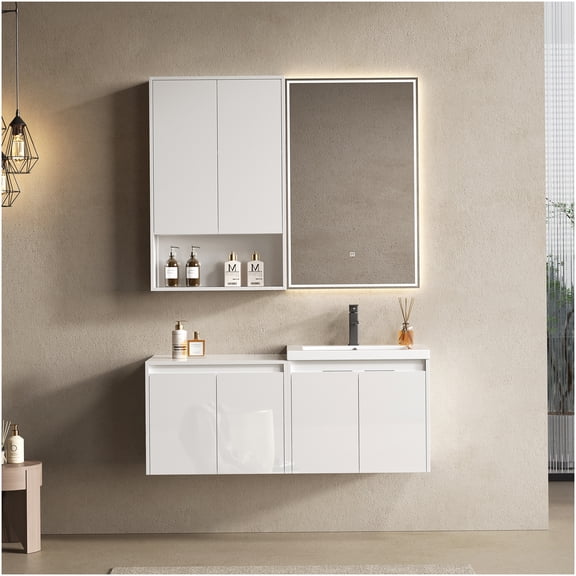 COSMOS 48 Inch Modern Bathroom Vanity Set with Resin Sink, Wall-Mounted Floating Design, Soft Close Doors, Glossy White Finish