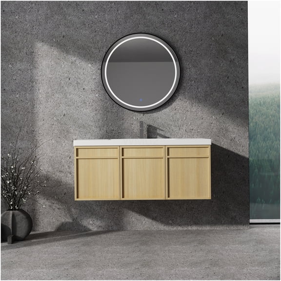 COSMOS 48 Inch Oak Wall Mounted Bathroom Vanity with Resin Sink, 3 Soft Close Doors, Modern Plywood Cabinet for Storage