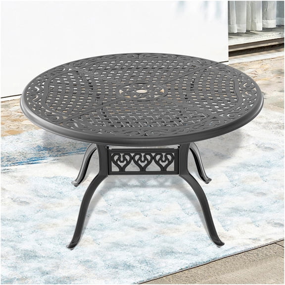 COSMOS 48 Inch Round Outdoor Dining Table with Umbrella Hole, All-Weather Cast Aluminum Patio Table for Garden, Backyard, Black