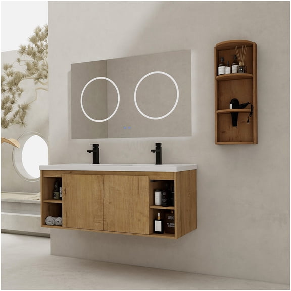 COSMOS 48 Inch Wall Mounted Double Sink Vanity Set with Storage Shelf, Modern Freestanding Cabinet in Imitative Oak for Bathroom