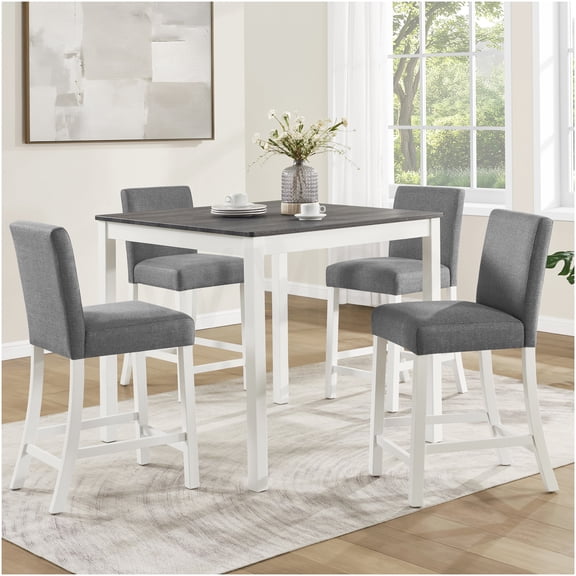 COSMOS 5-Piece Counter Height Dining Set, Modern Grey and White Kitchen Table with 4 Upholstered Stools, Space-Saving Square Table for Small Kitchen, Breakfast Nook, or Dining Room