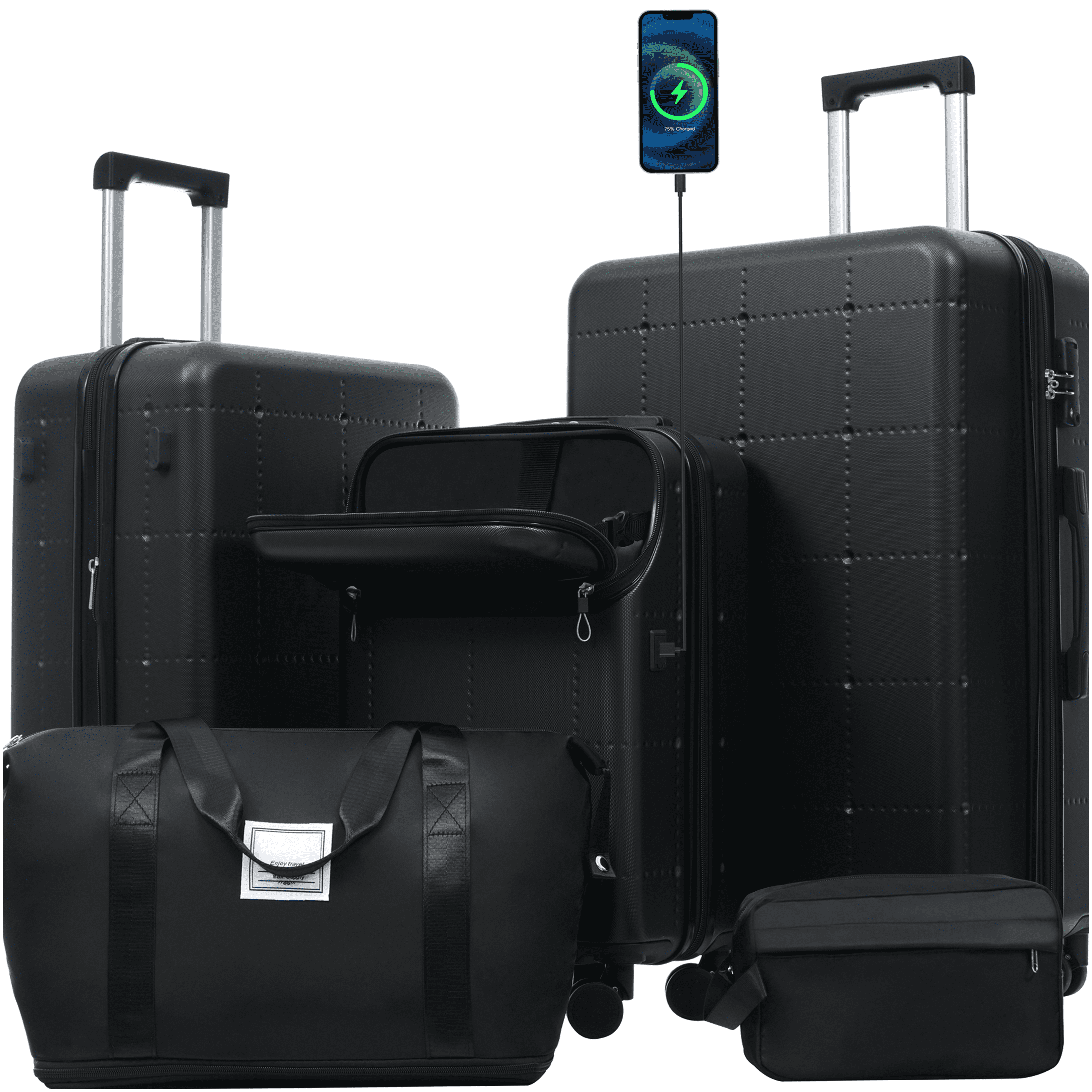 COSMOS 5-Piece Expandable Hardside Luggage Set with USB Port, TSA Lock - Black ABS Spinner Suitcases for Men &; Women