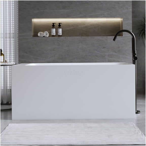 COSMOS 51" Freestanding Solid Surface Soaking Bathtub, Matte White Stone Resin Tub with Overflow and Pop-Up Drain, Non-Slip Surface