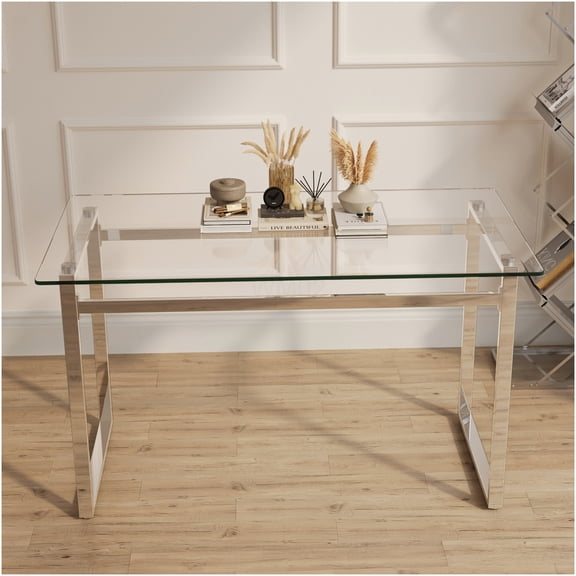 COSMOS 51 Inch Modern Glass Dining Table for 6, Tempered Top with Chrome Metal Base, Versatile Kitchen Dining Living Room Table