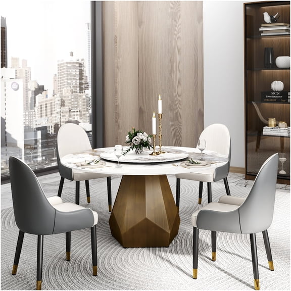 COSMOS 59.05" Modern Round Dining Table for 8 with Rotating Lazy Susan, Antique Brass Metal Base, Durable Sintered Stone Top
