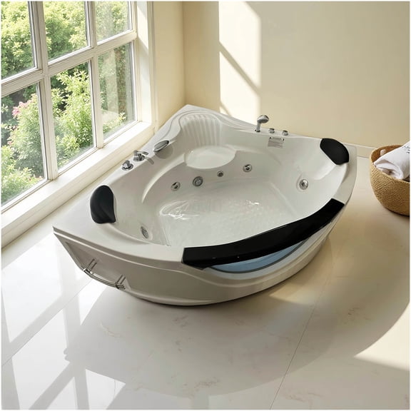 COSMOS 59 Inch Corner Whirlpool Bathtub for Two, Milk White Acrylic Spa Tub with 6 Hydro Jets, Chromatherapy LED Lights, and Pneumatic Controls