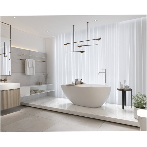 COSMOS 59 Inch Freestanding Soaking Bathtub, Matte White Solid Surface Stone Resin Tub with Overflow Drain, cUPC Certified