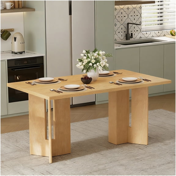 COSMOS 60 Inch Farmhouse Dining Table with Cutout Legs, Natural Wood Wash Finish Rectangular Kitchen Table for Dining Room, Rustic Solid Wood & MDF Construction