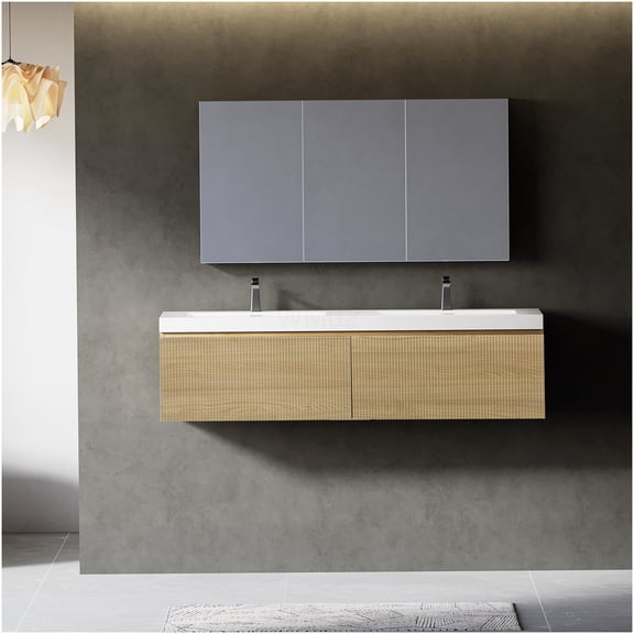 COSMOS 60 Inch Floating Bathroom Vanity with Dual Sinks, Modern Wall Mounted Storage Cabinet with Soft Close Drawers, Natural Oak Finish and Glossy White Basins