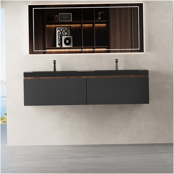 COSMOS 60 Inch Floating Bathroom Vanity with Dual Sinks, Modern Walnut and Black Wall Mounted Cabinet with Soft Close Drawers, Wave Texture Front