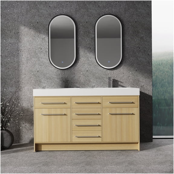 COSMOS 60 Inch Oak Freestanding Bathroom Vanity with Double Sink, Soft Close Drawers and Doors for Modern Bathroom