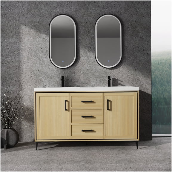 COSMOS 60 Inch Oak Freestanding Double Sink Bathroom Vanity with Soft Close Doors and Drawers