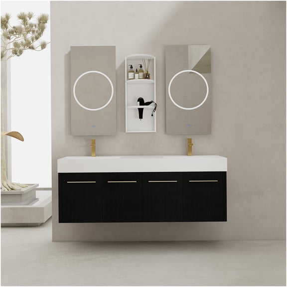 COSMOS 60" Modern Wall-Mounted Bathroom Vanity Set with Double Sink & Storage Cabinet in Black Chestnut