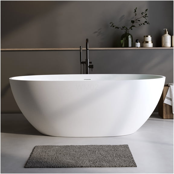 COSMOS 63 Inch Oval Solid Surface Freestanding Bathtub, Matte White Soaking Tub with Overflow and Pop-Up Drain, Non-Slip Base Stone Resin Bathtub