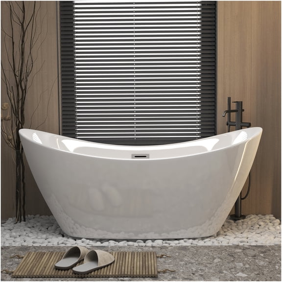 COSMOS 67 Inch Gloss White Freestanding Acrylic Bathtub with Chrome Overflow Pop-Up Drain cUPC Certified