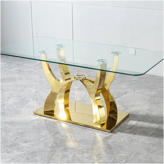 COSMOS 68.9" Modern Glass Top Dining Table with Gold Curved Base, Seats 6, Contemporary Crystal Accent Design