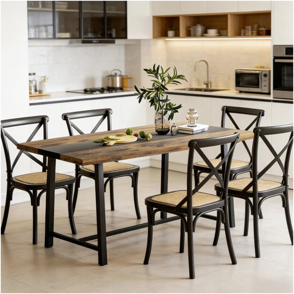 COSMOS 70.9" Long Dining Table for 8, Industrial Kitchen Table with Steel Frame & Rustic Brown Wood Grain Top, Sturdy MDF Dining Room Table