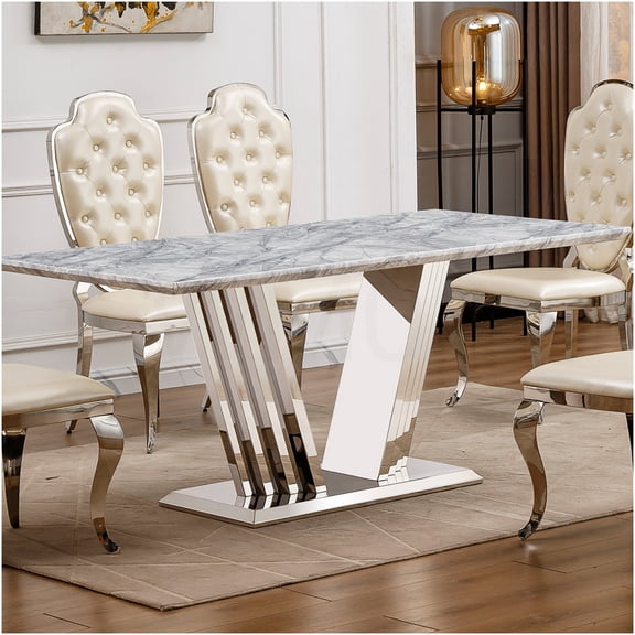 COSMOS 70" Modern Faux Marble Dining Table for 6 with Stainless Steel Base, Rectangular Kitchen Table in Silver Grey