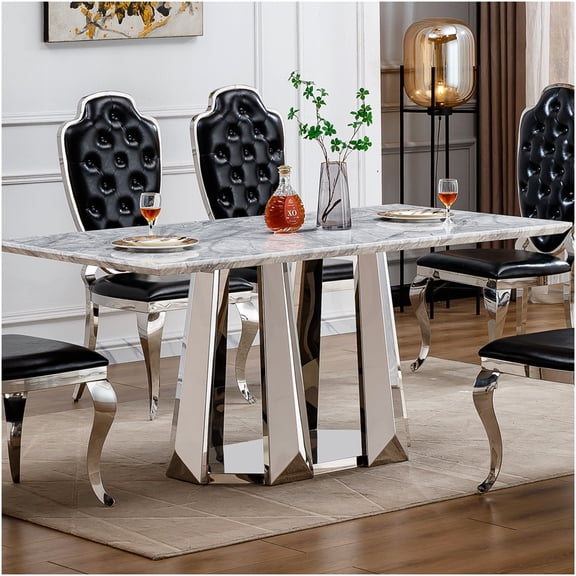 COSMOS 70" Modern Faux Marble Dining Table with Chrome Stainless Steel Base, Rectangular Kitchen Table for 6-8, Silver Gray Finish