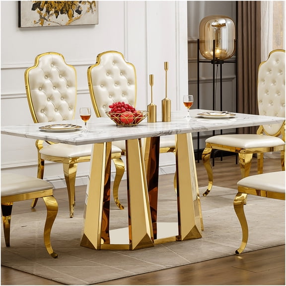 COSMOS 70" Modern Faux Marble Dining Table with Stainless Steel Base, Gold and White Rectangular Kitchen Table for 6-8 Seating