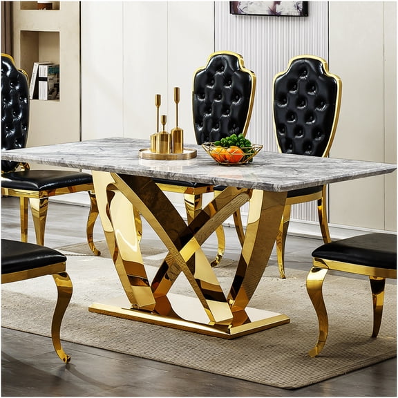 COSMOS 70" Modern Faux Marble Dining Table with Stainless Steel Base, Rectangular Kitchen Table for 6 Seats, Gold and Gray Finish