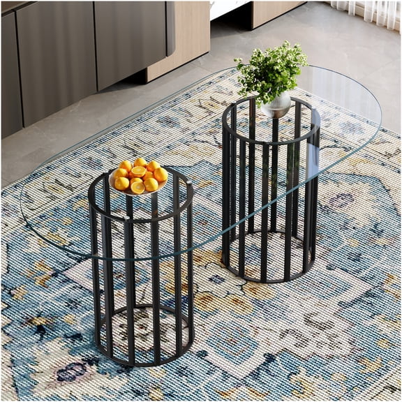 COSMOS 71 Inch Black Modern Oval Dining Table for 6-8, Tempered Glass Top with Double Column Metal Base, Scratch Resistant Easy Clean Light Luxury Design