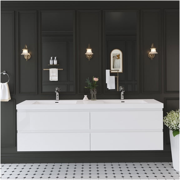 COSMOS 72 Inch Wall Mounted Bathroom Vanity with Sink, Modern Floating Vanity Cabinet with 4 Soft Close Drawers, High Gloss White Finish and Solid Surface Basin