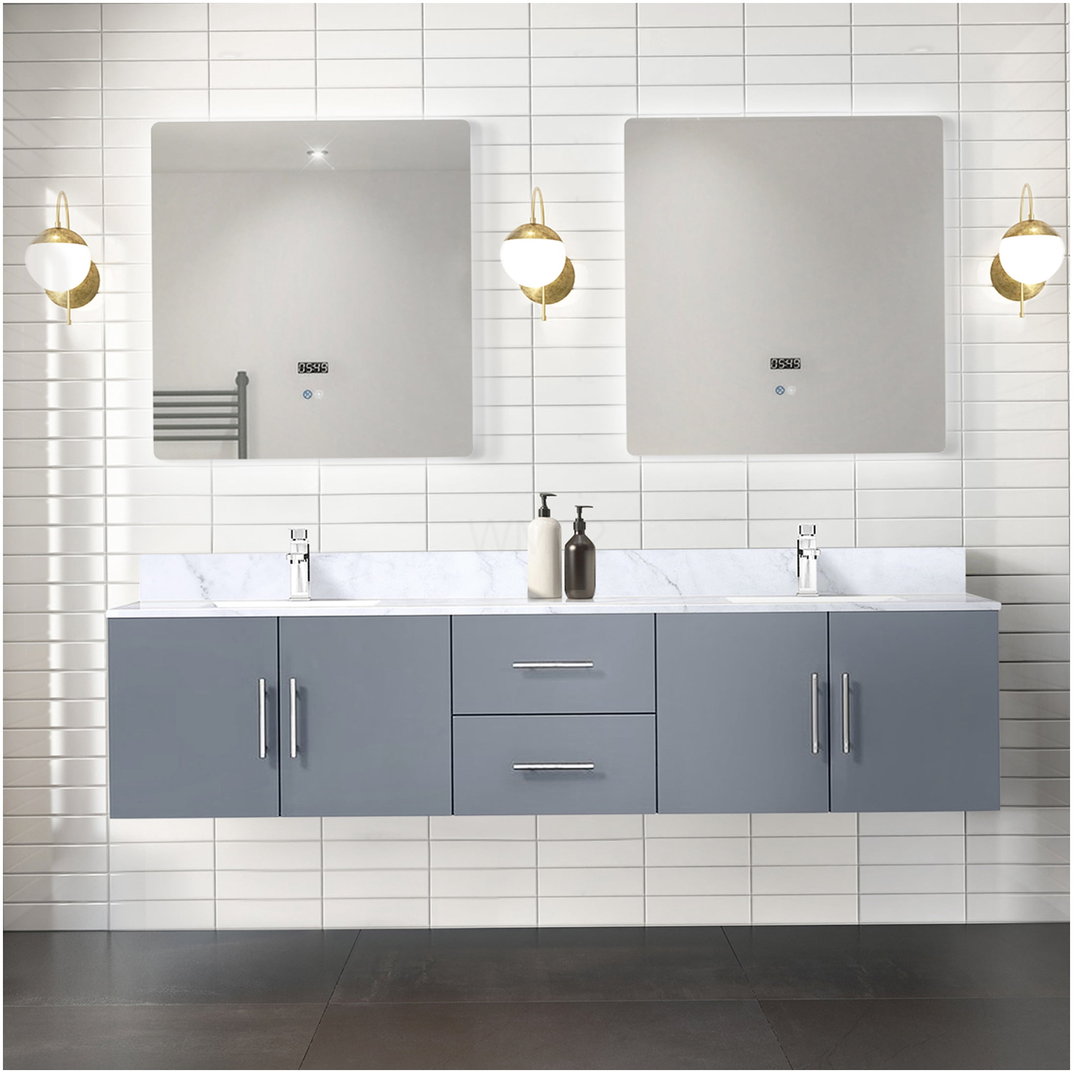 COSMOS 80 Inch Dark Grey Double Bathroom Vanity Set with Carrara Marble ...