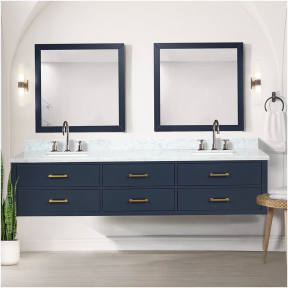 COSMOS 84 Inch Blue Double Sink Bathroom Vanity Set with Carrara Marble Top, Chrome Faucet, and Framed Mirrors