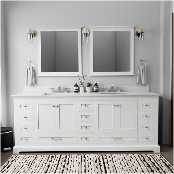 COSMOS 84 Inch White Double Sink Bathroom Vanity Set with Quartz Countertop and Chrome Faucet