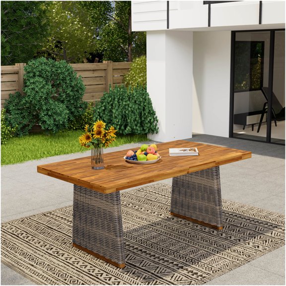 COSMOS Acacia Wood Outdoor Dining Table with Wicker Base, Teak Finish and Grey Rattan