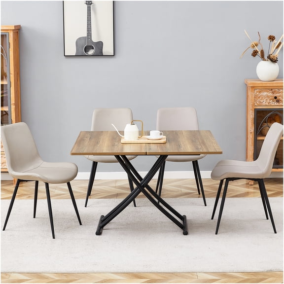 COSMOS Adjustable Height Dining Table Set with Lift Table & 4 PU Leather Chairs, Modern Black Metal Legs & Natural Wood Grain Top