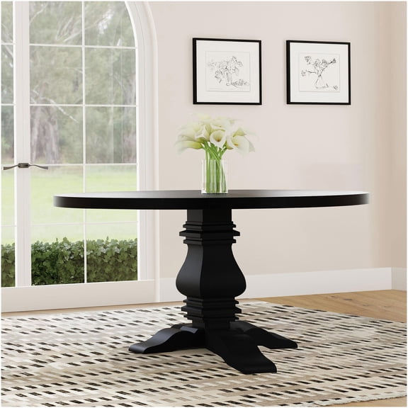 COSMOS Allende 59.75 Inch Round Dining Table for 4, Black Distressed Finish, Solid Pine Wood Pedestal Base
