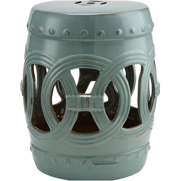 COSMOS Antique Blue Ceramic Garden Stool with Double-Coin Knot Design, Waterproof Porcelain Outdoor End Table, Decorative Patio Seat