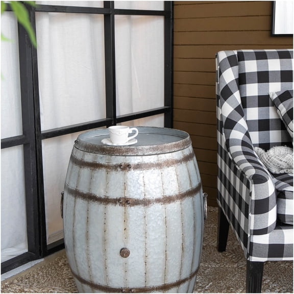 COSMOS Antique Gray Iron Drum Side Table with Removable Tray Lid