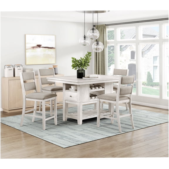 COSMOS Antique White Counter Height Dining Set with Storage Drawers and Wine Rack, 5-Piece Kitchen Table and 4 Chairs, Modern Farmhouse Style