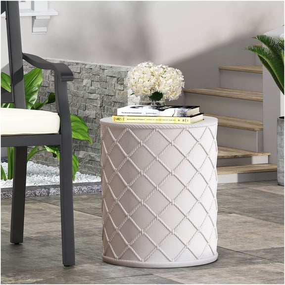 COSMOS Antique White End Table, Modern Lightweight Concrete Side Table with Nautical Rope Pattern for Indoor Outdoor Use