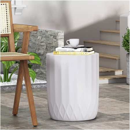 COSMOS Antique White End Table, Modern Lightweight Concrete Side Table with Scalloped Edge for Indoor Outdoor Use