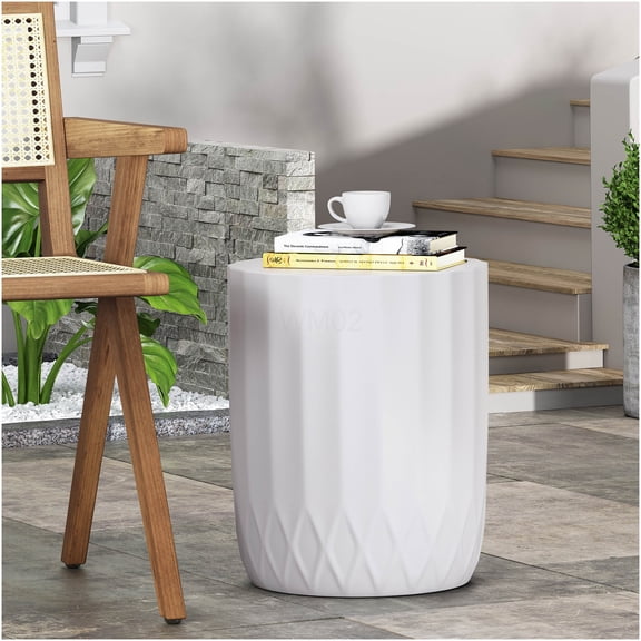 COSMOS Antique White End Table, Modern Lightweight Concrete Side Table with Scalloped Edge for Indoor Outdoor Use
