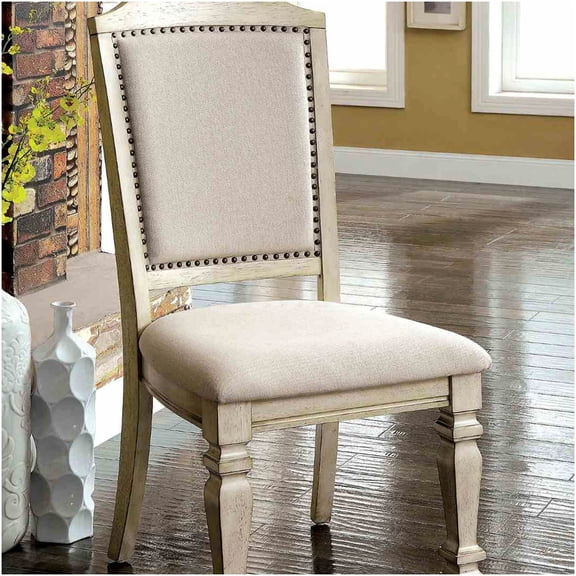 COSMOS Antique White & Ivory Upholstered Side Chairs, Set of 2, Transitional Dining Chairs with Nailhead Trim and Turned Wood Legs